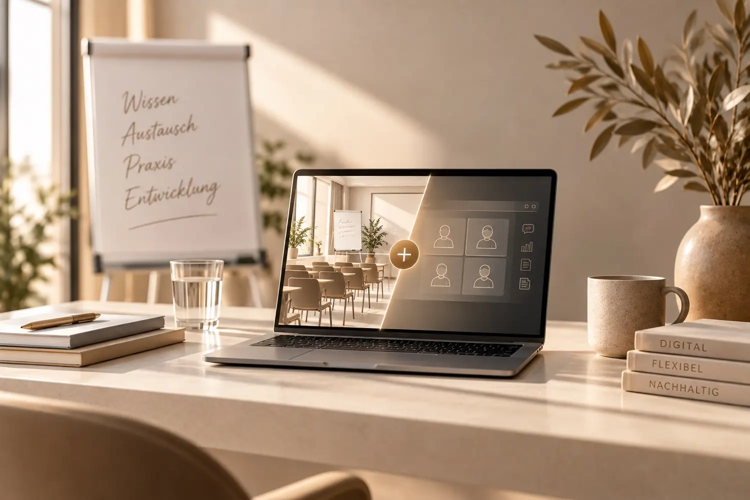 Laptop mit einer Lernplattform auf einem hellen Tisch, dahinter ein Flipchart mit Wissen, Austausch, Praxis, Entwicklung