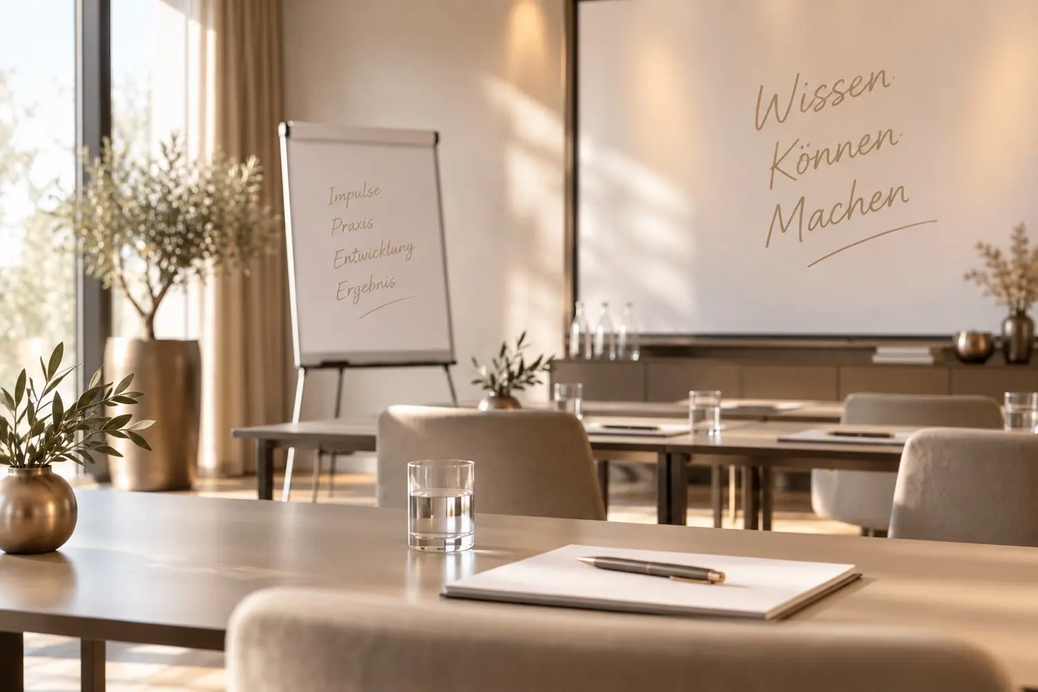 Heller Seminarraum mit Flipchart und dem Schriftzug Wissen, Können, Machen an der Wand