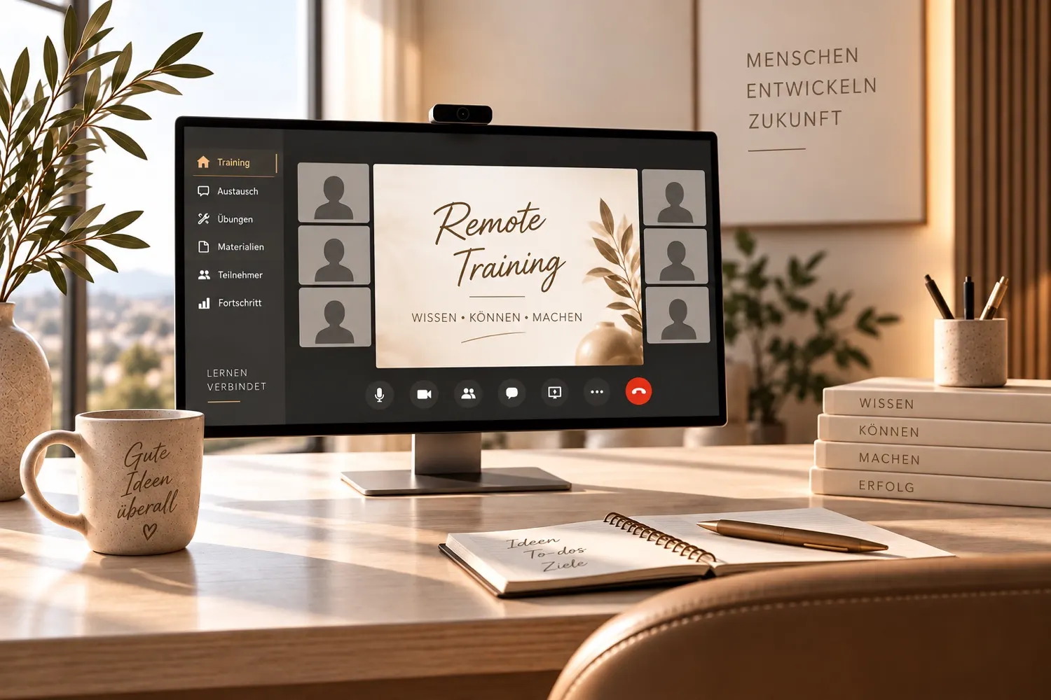 Bildschirm mit einem Online-Training, Titel Remote Training, daneben die Kacheln der Teilnehmenden