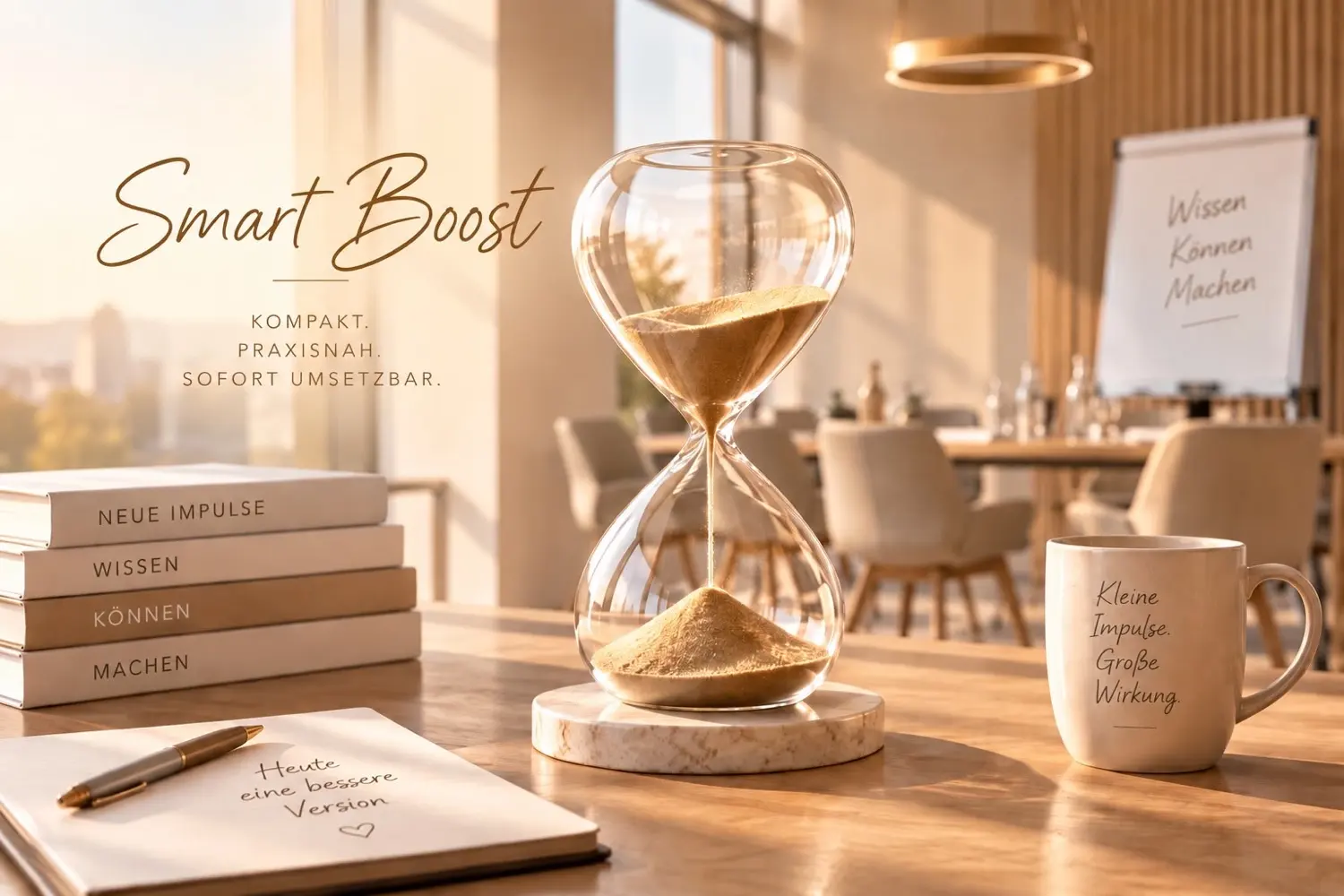 Eine Sanduhr auf einem Holztisch neben Büchern und einer Tasse, daneben der Schriftzug Smart Boost: kompakt, praxisnah, sofort umsetzbar