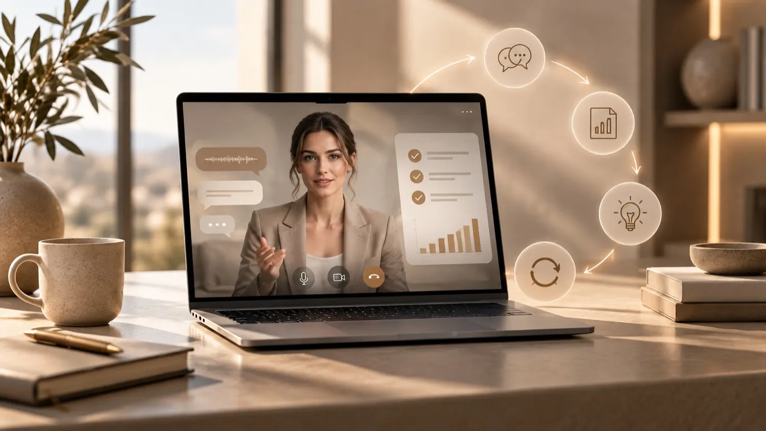Laptop mit einem KI-Avatar im Gespräch, daneben Symbole für Feedback, Auswertung und Wiederholung