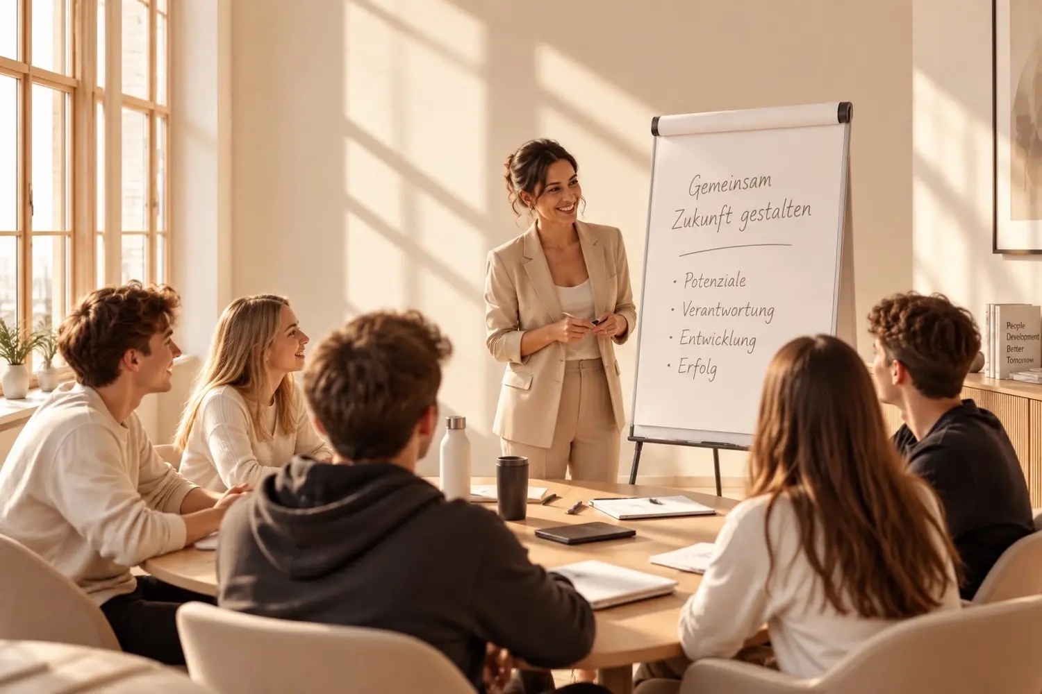 Eine Trainerin am Flipchart mit einer Gruppe junger Lehrlinge an einem Tisch